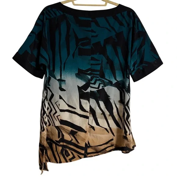 Dana Buchman Womens Teal Tan Abstract Animal Print Asymmetrical Blouse Large - Picture 5 of 5